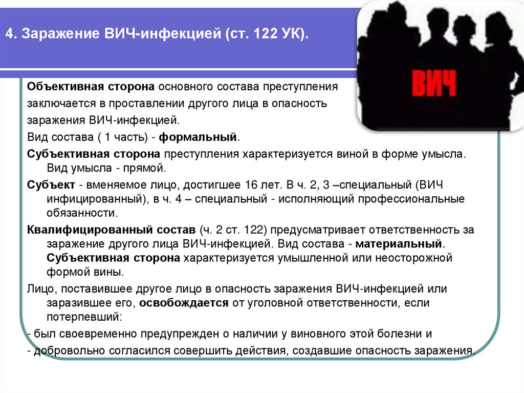 4. Заражение ВИЧ-инфекцией (ст. 122 УК).