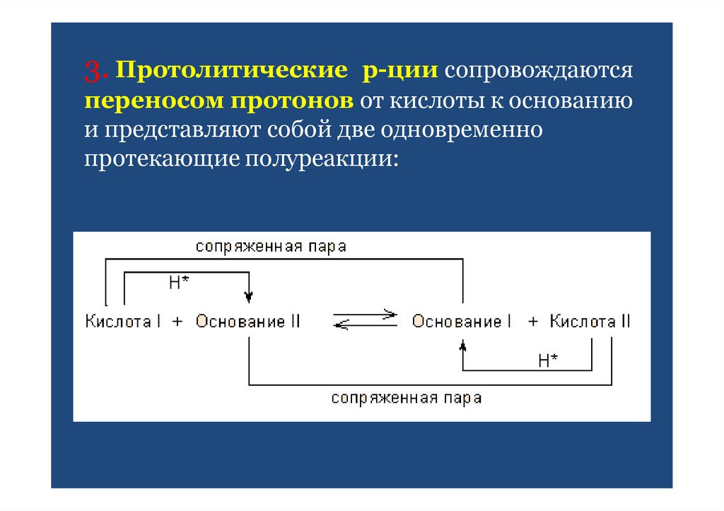 3. Протолитические р-ции сопровождаются переносом протонов от кислоты к основанию и представляют собой две одновременно