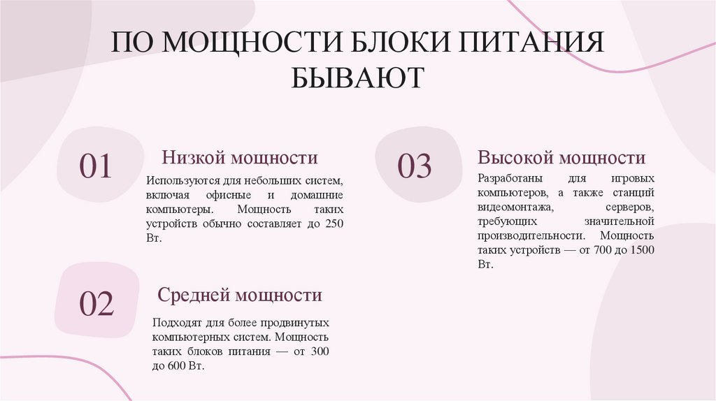 ПО МОЩНОСТИ БЛОКИ ПИТАНИЯ БЫВАЮТ