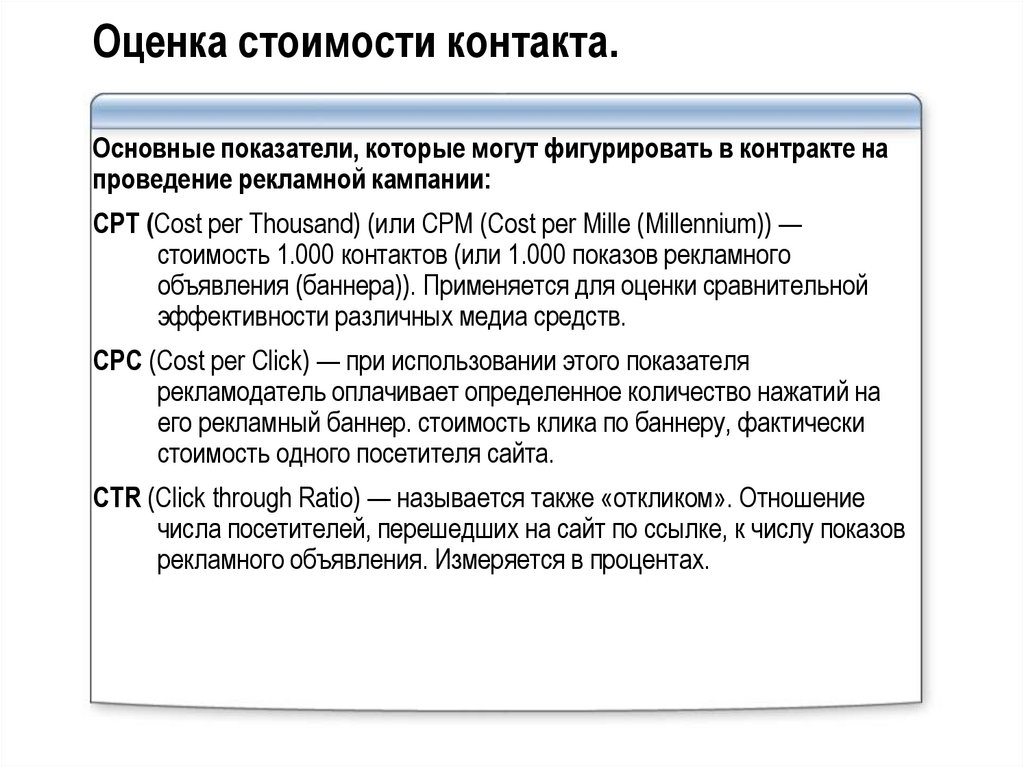 Оценка стоимости контакта.