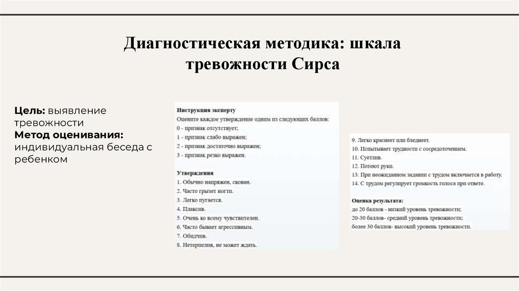 Диагностическая методика: шкала тревожности Сирса
