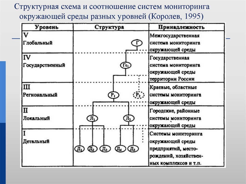 Структурная схема и соотношение систем мониторинга окружающей среды разных уровней (Королев, 1995)
