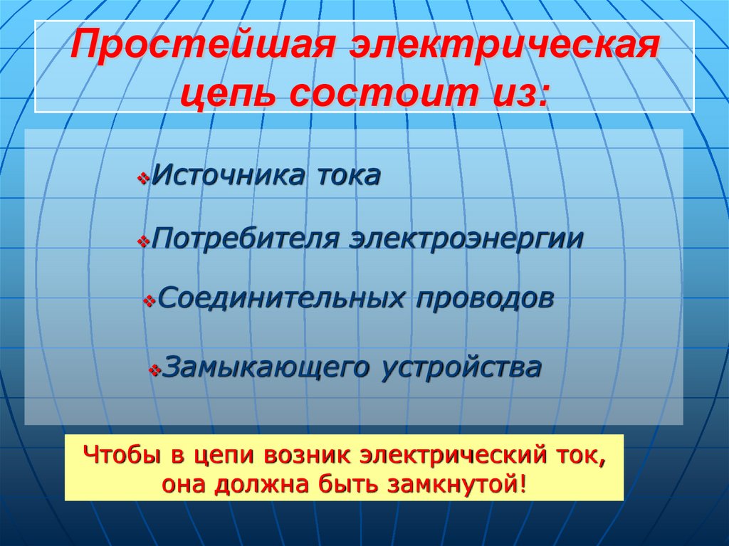 Простейшая электрическая цепь состоит из: