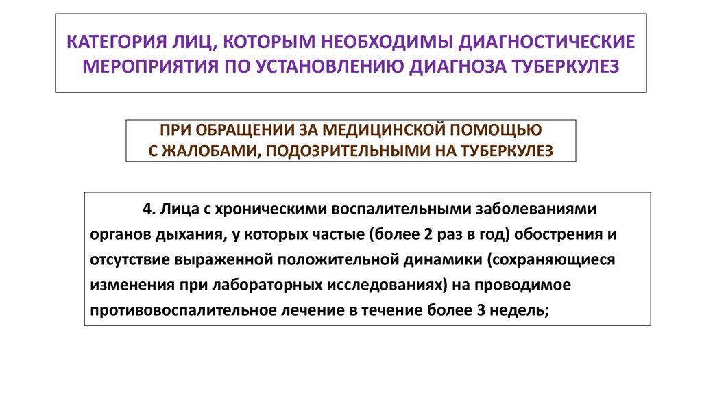 КАТЕГОРИЯ ЛИЦ, КОТОРЫМ НЕОБХОДИМЫ ДИАГНОСТИЧЕСКИЕ МЕРОПРИЯТИЯ ПО УСТАНОВЛЕНИЮ ДИАГНОЗА ТУБЕРКУЛЕЗ