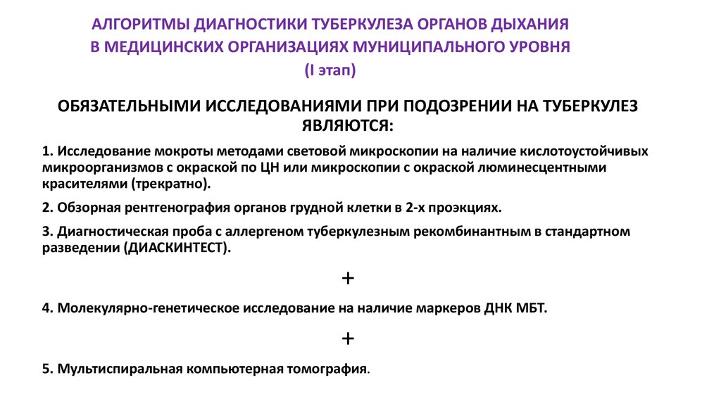 АЛГОРИТМЫ ДИАГНОСТИКИ ТУБЕРКУЛЕЗА ОРГАНОВ ДЫХАНИЯ В МЕДИЦИНСКИХ ОРГАНИЗАЦИЯХ МУНИЦИПАЛЬНОГО УРОВНЯ (I этап)