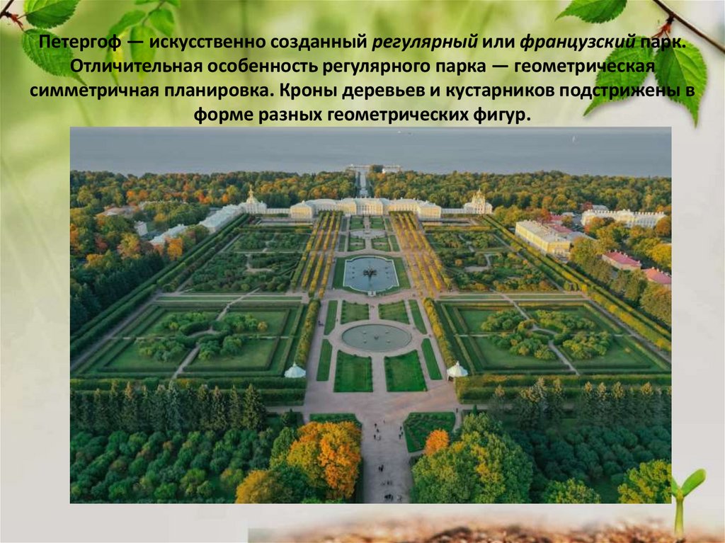 Петергоф — искусственно созданный регулярный или французский парк. Отличительная особенность регулярного парка — геометрическая