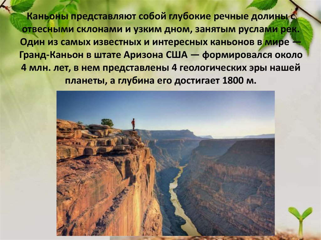 Каньоны представляют собой глубокие речные долины с отвесными склонами и узким дном, занятым руслами рек. Один из самых