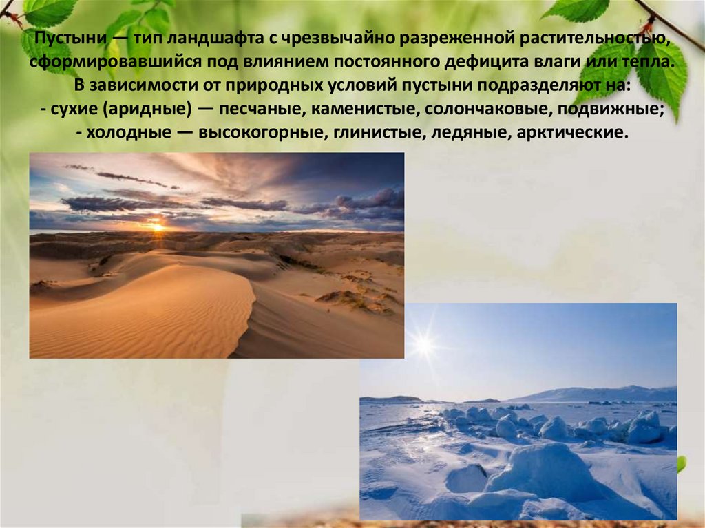 Пустыни — тип ландшафта с чрезвычайно разреженной растительностью, сформировавшийся под влиянием постоянного дефицита влаги или