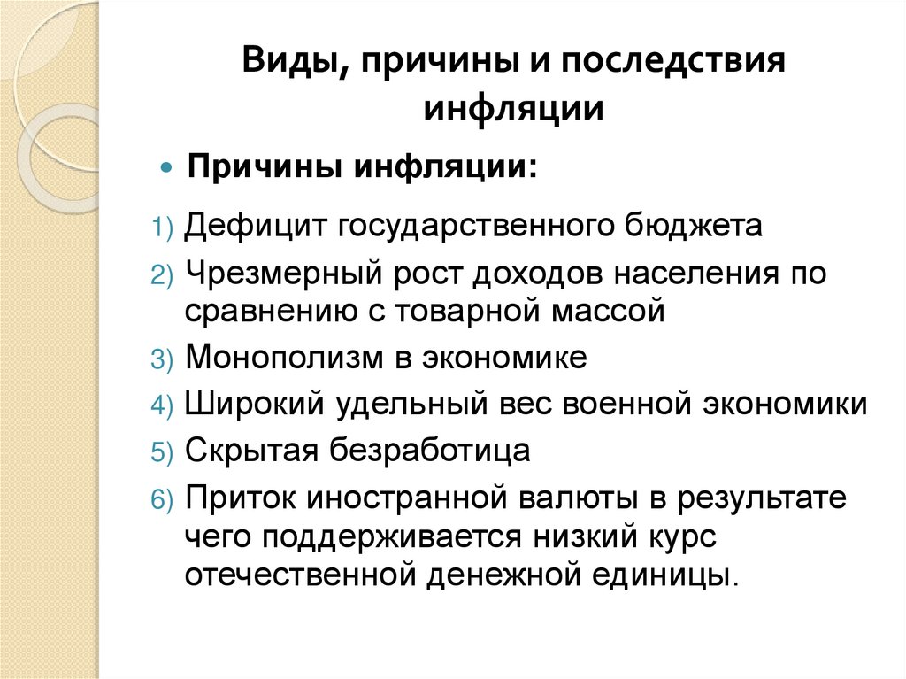 Виды, причины и последствия инфляции