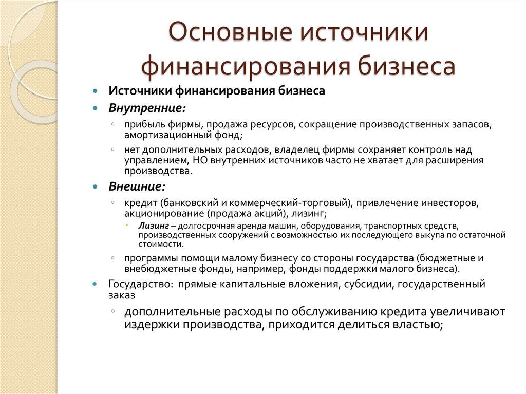 Основные источники финансирования бизнеса