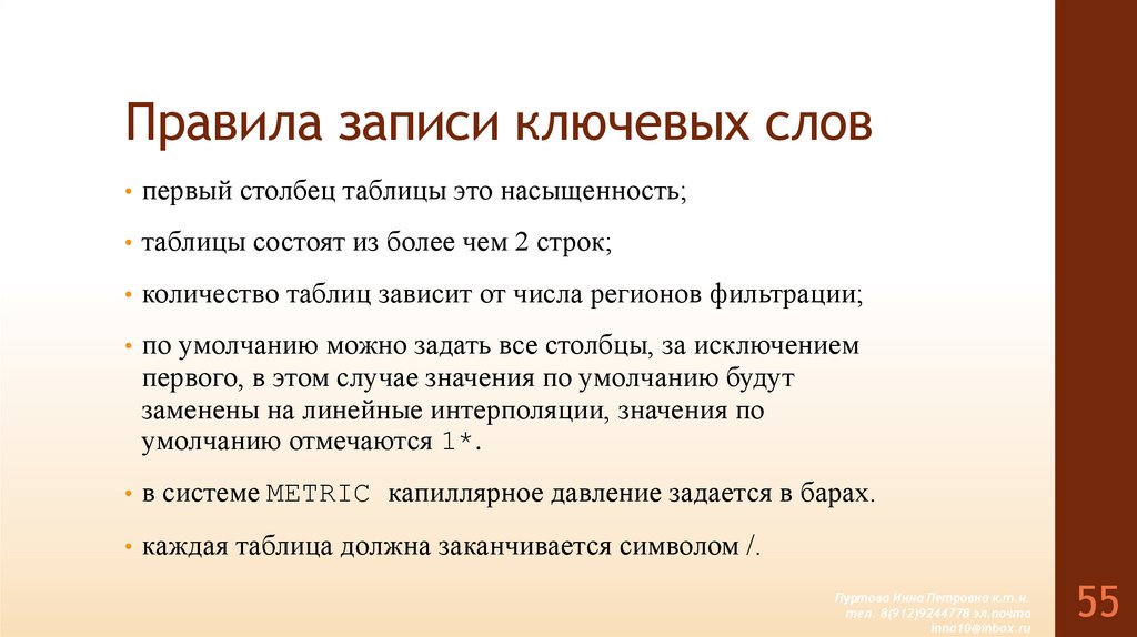 Правила записи ключевых слов