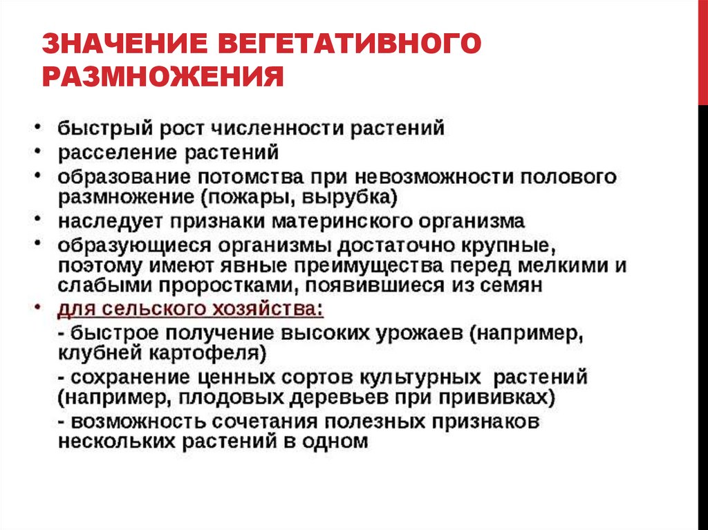 ЗНАЧЕНИЕ ВЕГЕТАТИВНОГО РАЗМНОЖЕНИЯ