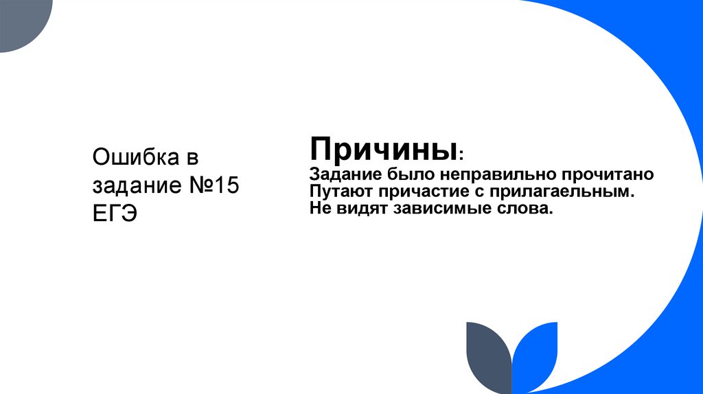 Причины: Задание было неправильно прочитано Путают причастие с прилагаельным. Не видят зависимые слова.