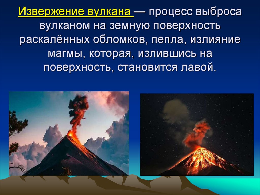 Извержение вулкана — процесс выброса вулканом на земную поверхность раскалённых обломков, пепла, излияние магмы, которая,