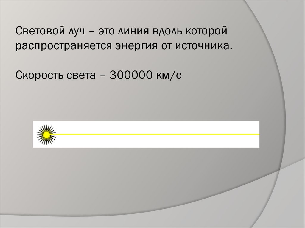 Световой луч – это линия вдоль которой распространяется энергия от источника. Скорость света – 300000 км/с