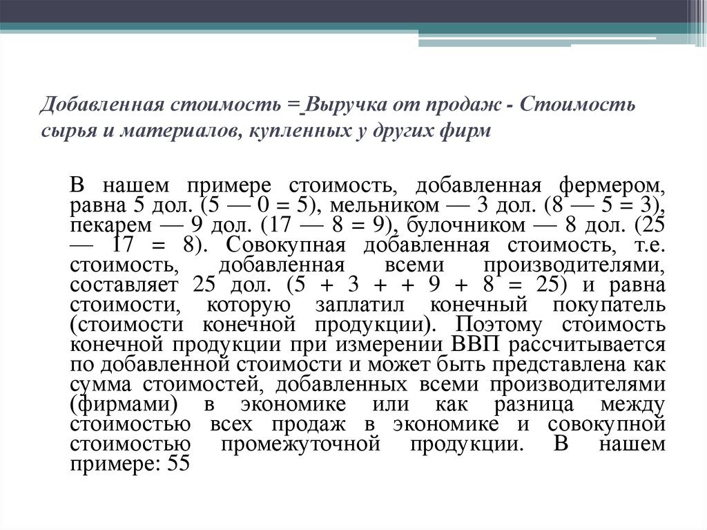Добавленная стоимость = Выручка от продаж - Стоимость сырья и материалов, купленных у других фирм