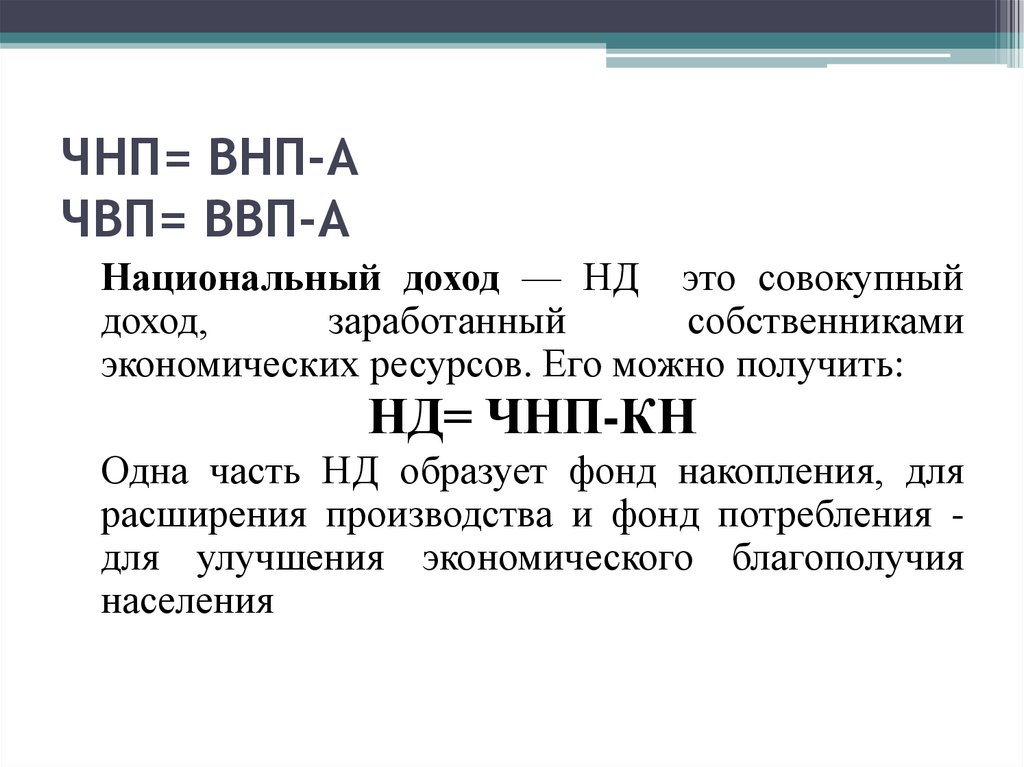 ЧНП= ВНП-А ЧВП= ВВП-А