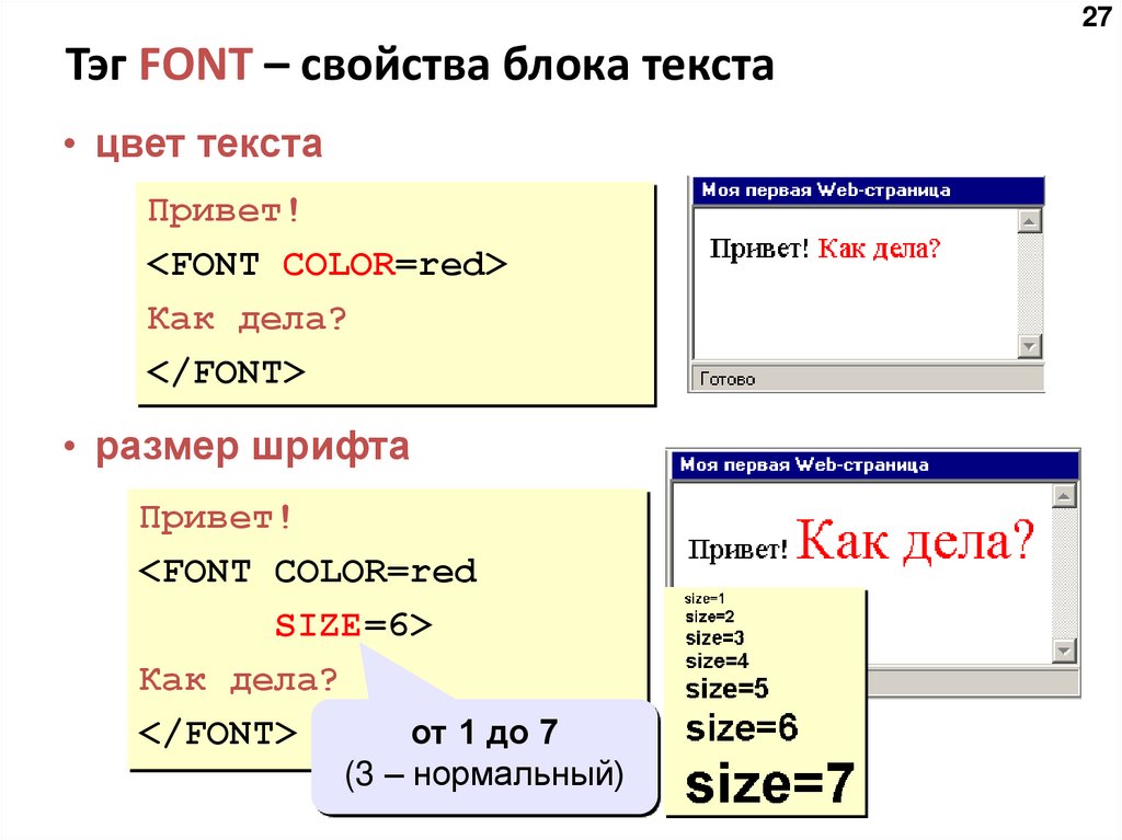 Тэг FONT – свойства блока текста