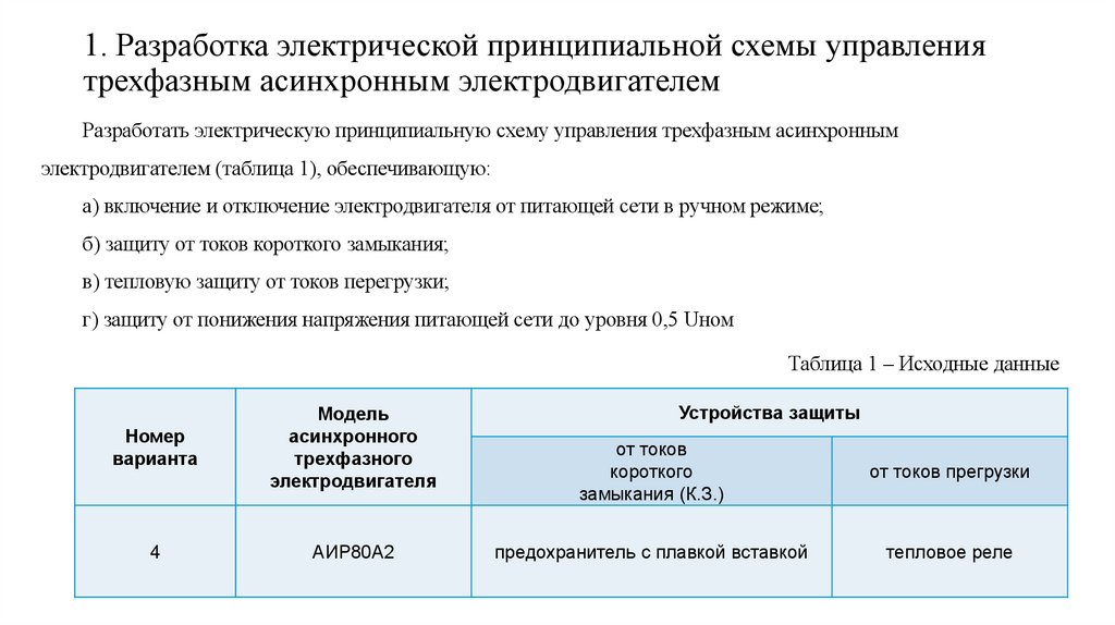 1. Разработка электрической принципиальной схемы управления трехфазным асинхронным электродвигателем