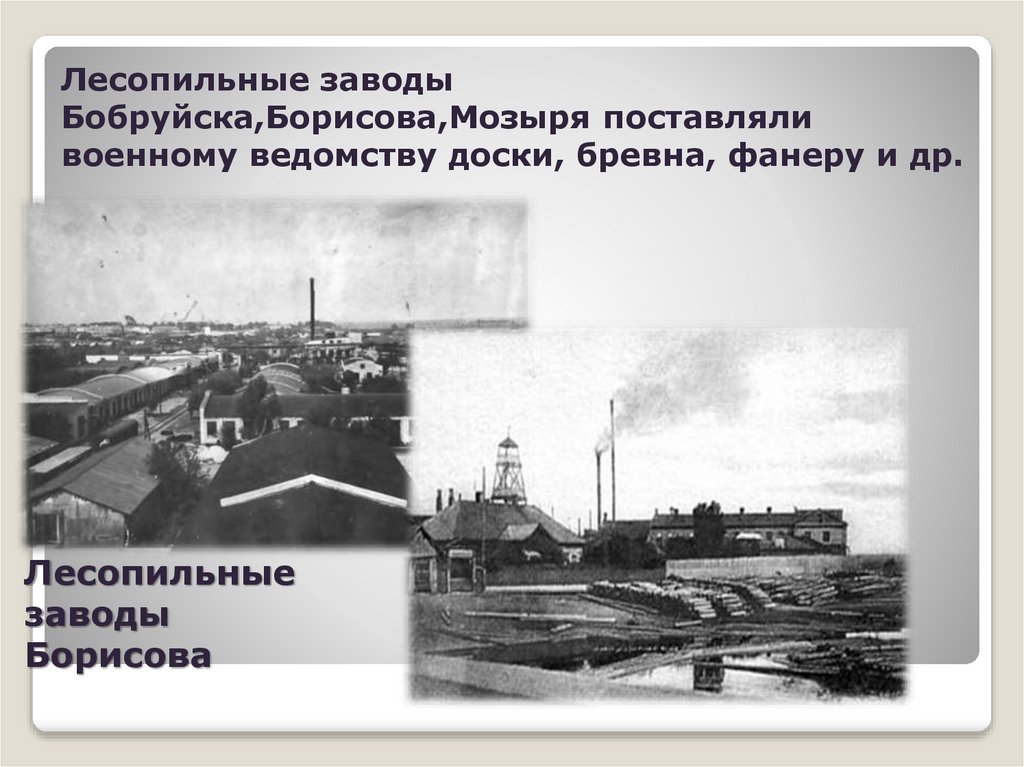 Лесопильные заводы Бобруйска,Борисова,Мозыря поставляли военному ведомству доски, бревна, фанеру и др.