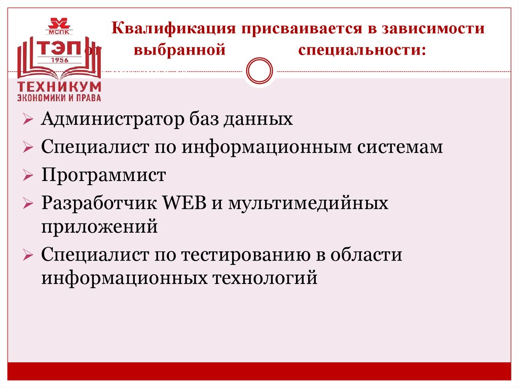 Квалификация присваивается в зависимости от выбранной специальности: Специальность