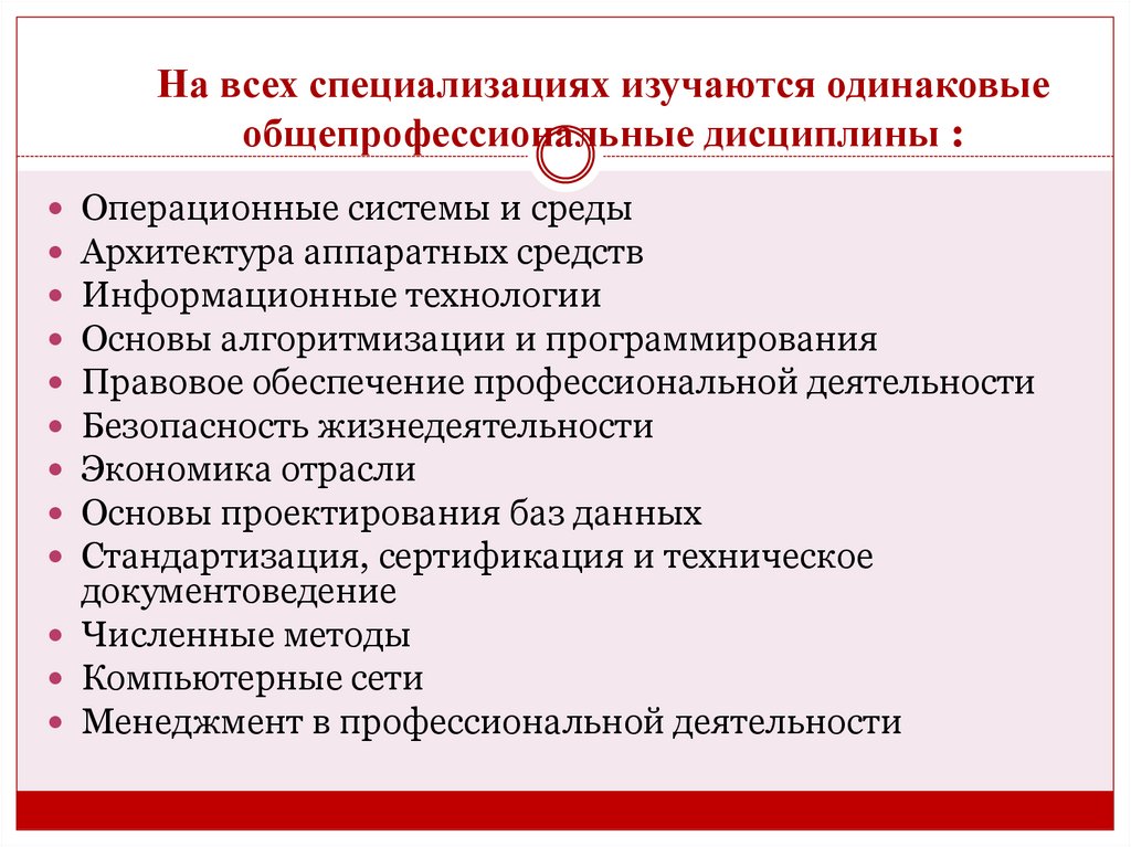 На всех специализациях изучаются одинаковые общепрофессиональные дисциплины :