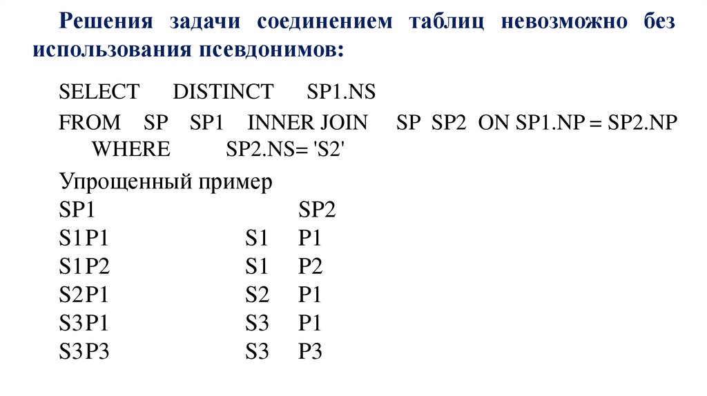 Решения задачи соединением таблиц невозможно без использования псевдонимов: