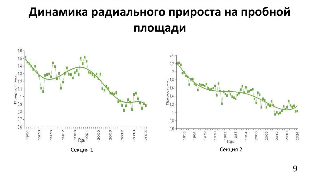 Динамика радиального прироста на пробной площади