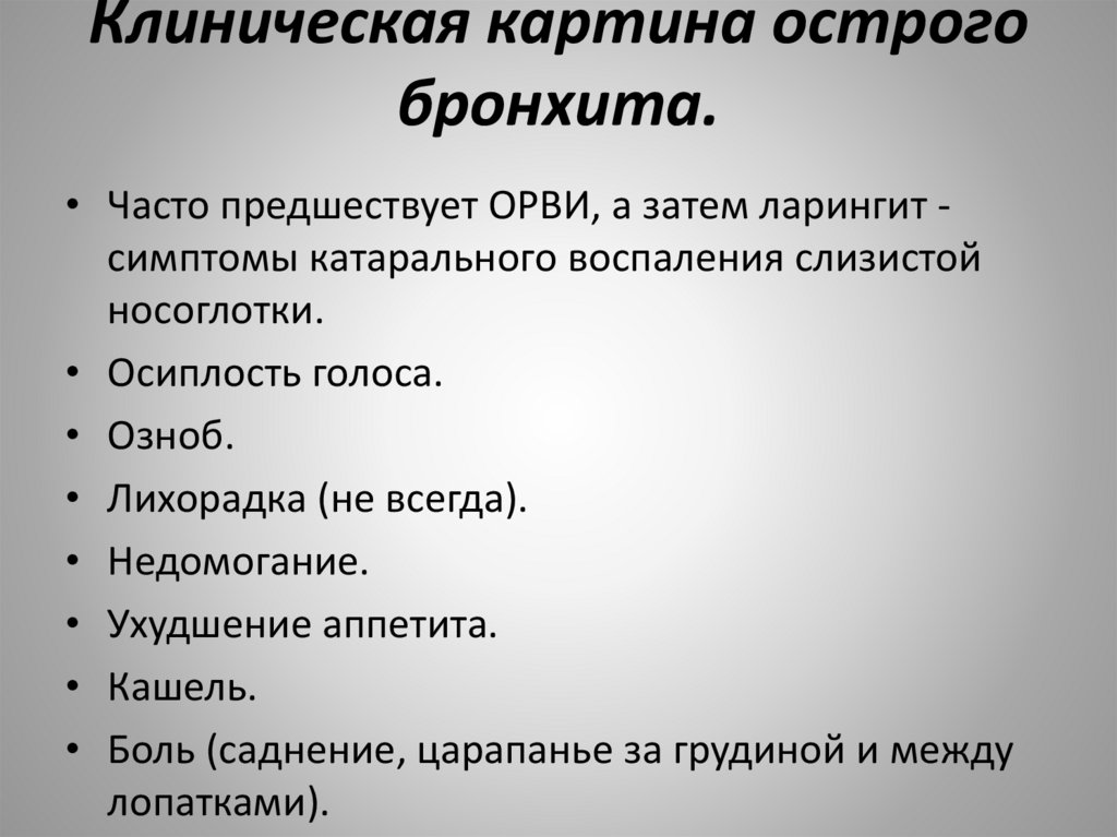 Клиническая картина острого бронхита.