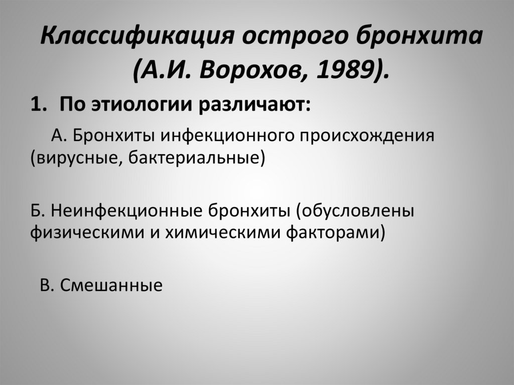 Классификация острого бронхита (А.И. Ворохов, 1989).