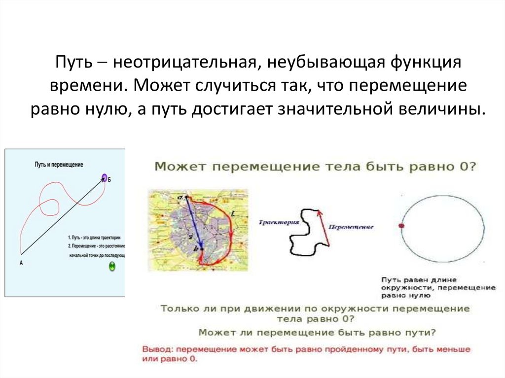 Путь  неотрицательная, неубывающая функция времени. Может случиться так, что перемещение равно нулю, а путь достигает