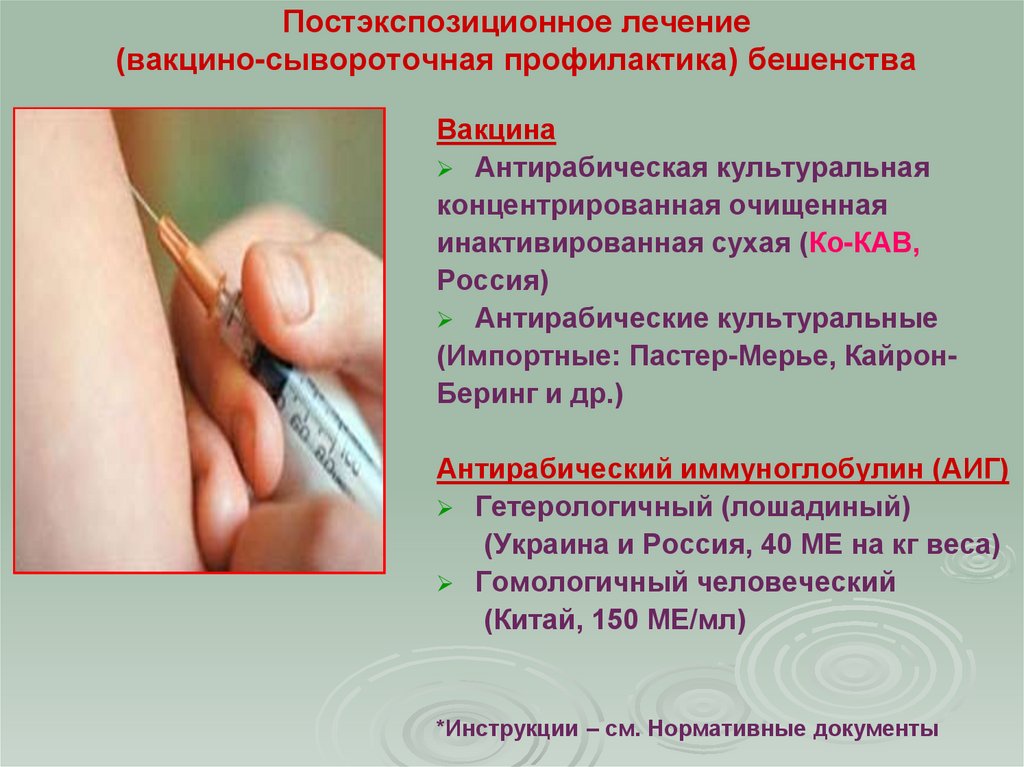 Постэкспозиционное лечение (вакцино-сывороточная профилактика) бешенства