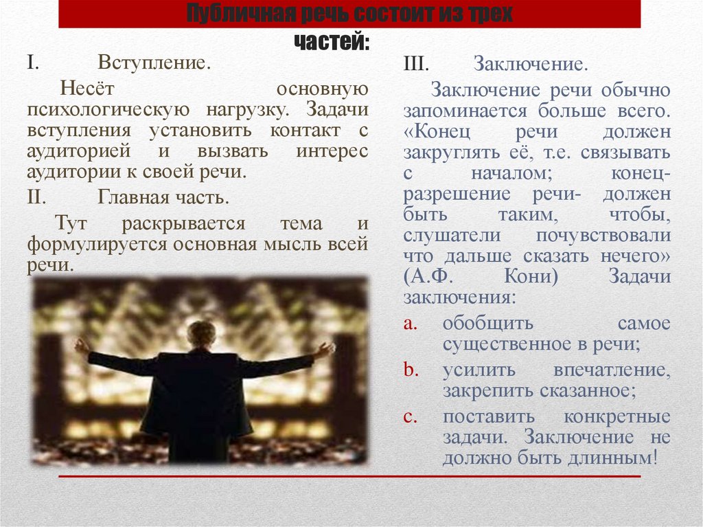 Публичная речь состоит из трех частей: