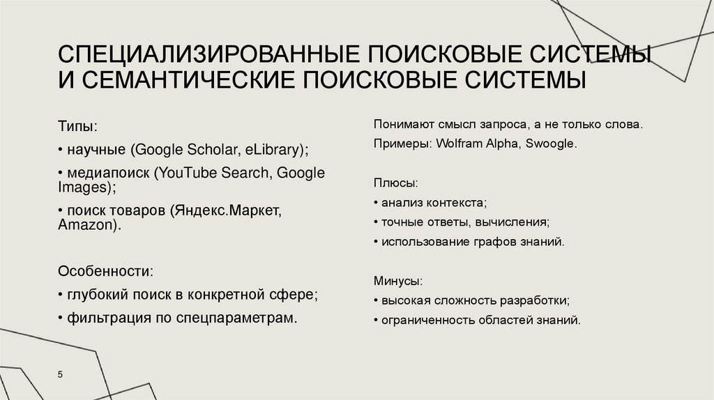 Специализированные поисковые системы и Семантические поисковые системы