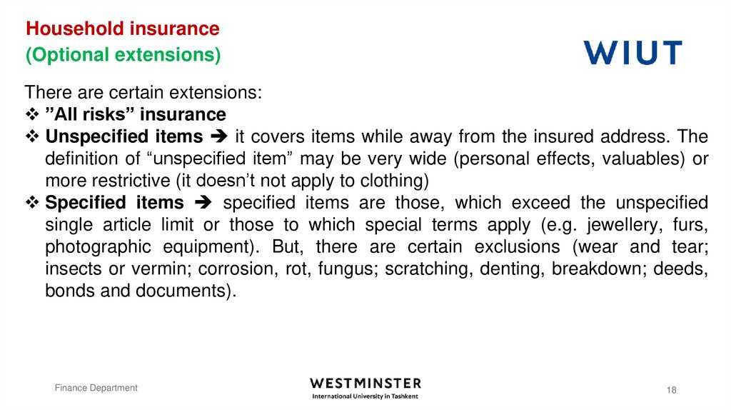 Household insurance (Optional extensions)