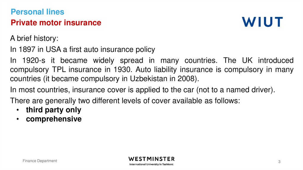 Personal lines Private motor insurance