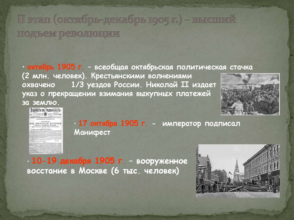 II этап (октябрь-декабрь 1905 г.) – высший подъем революции