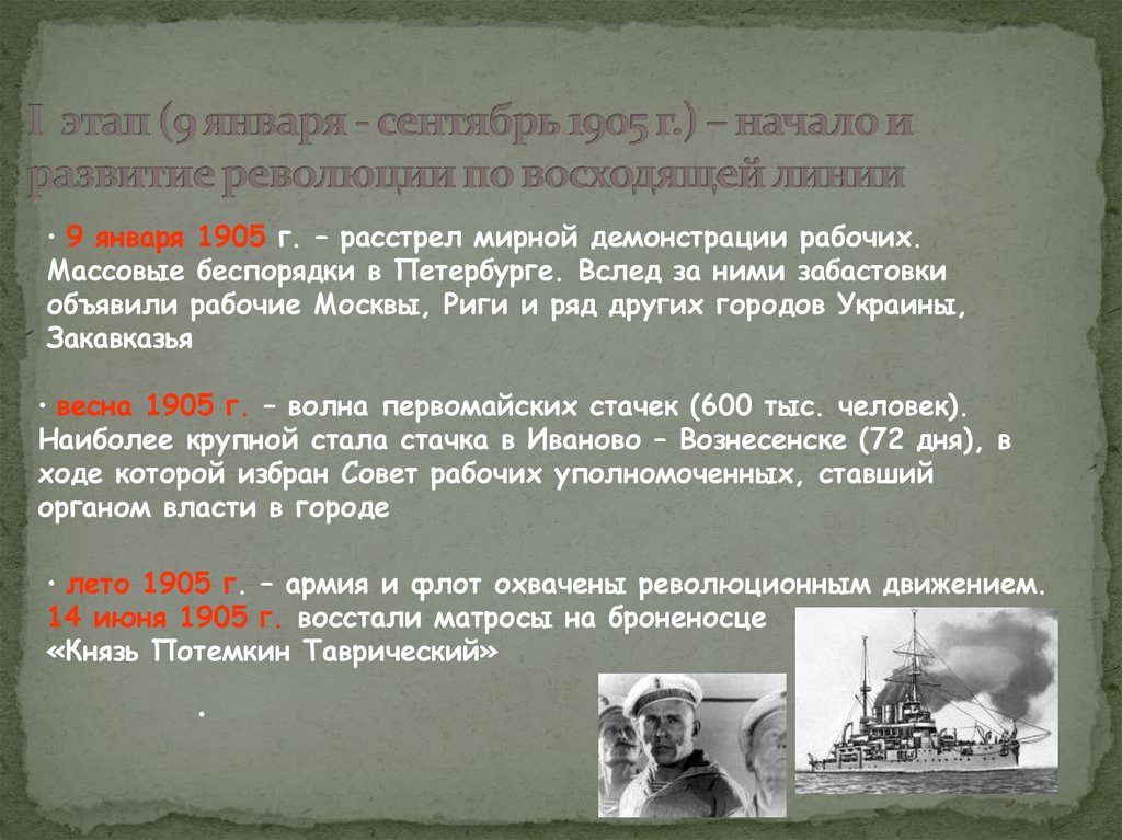 I этап (9 января - сентябрь 1905 г.) – начало и развитие революции по восходящей линии