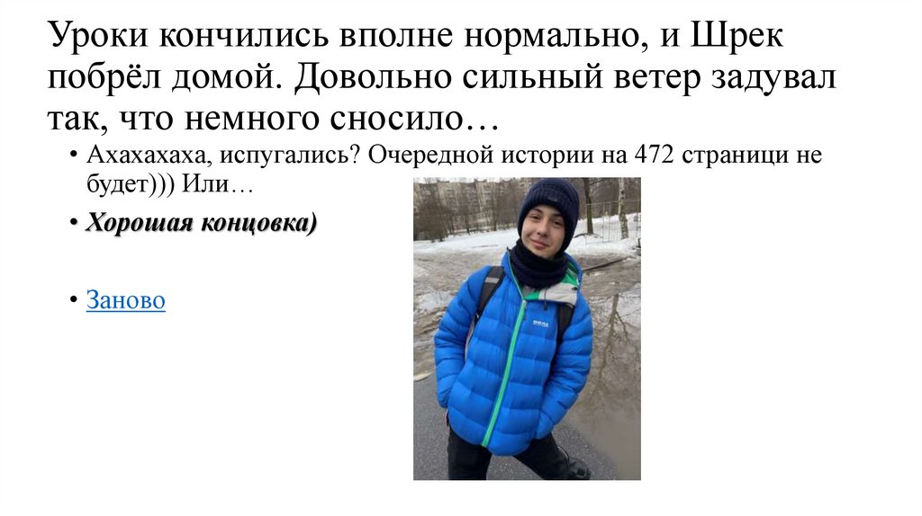 Уроки кончились вполне нормально, и Шрек побрёл домой. Довольно сильный ветер задувал так, что немного сносило…