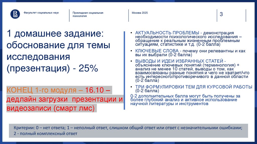 1 домашнее задание: обоснование для темы исследования (презентация) - 25% КОНЕЦ 1-го модуля – 16.10 – дедлайн загрузки