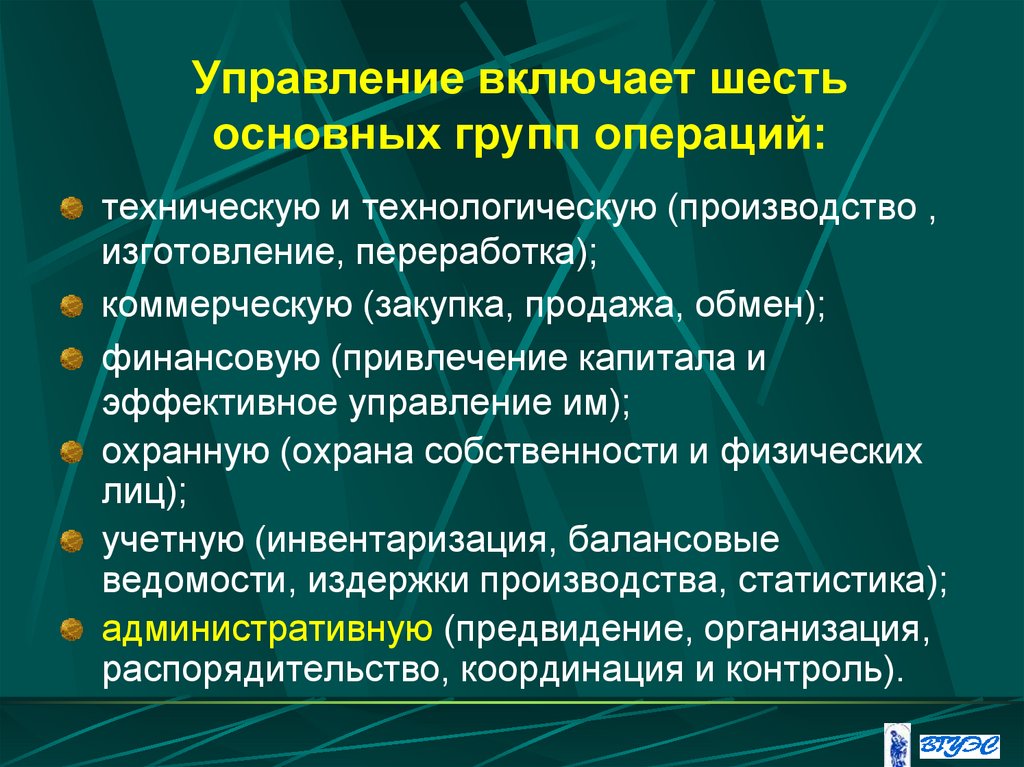Управление включает шесть основных групп операций: