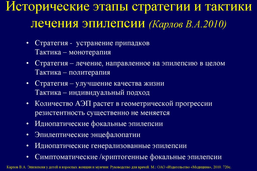 Исторические этапы стратегии и тактики лечения эпилепсии (Карлов В.А.2010)