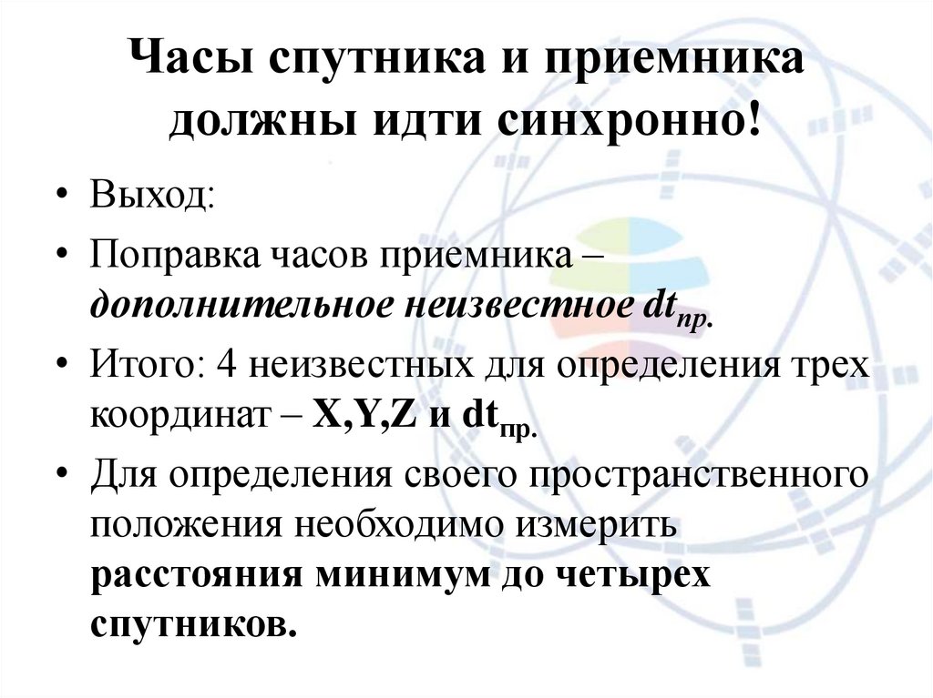 Часы спутника и приемника должны идти синхронно!