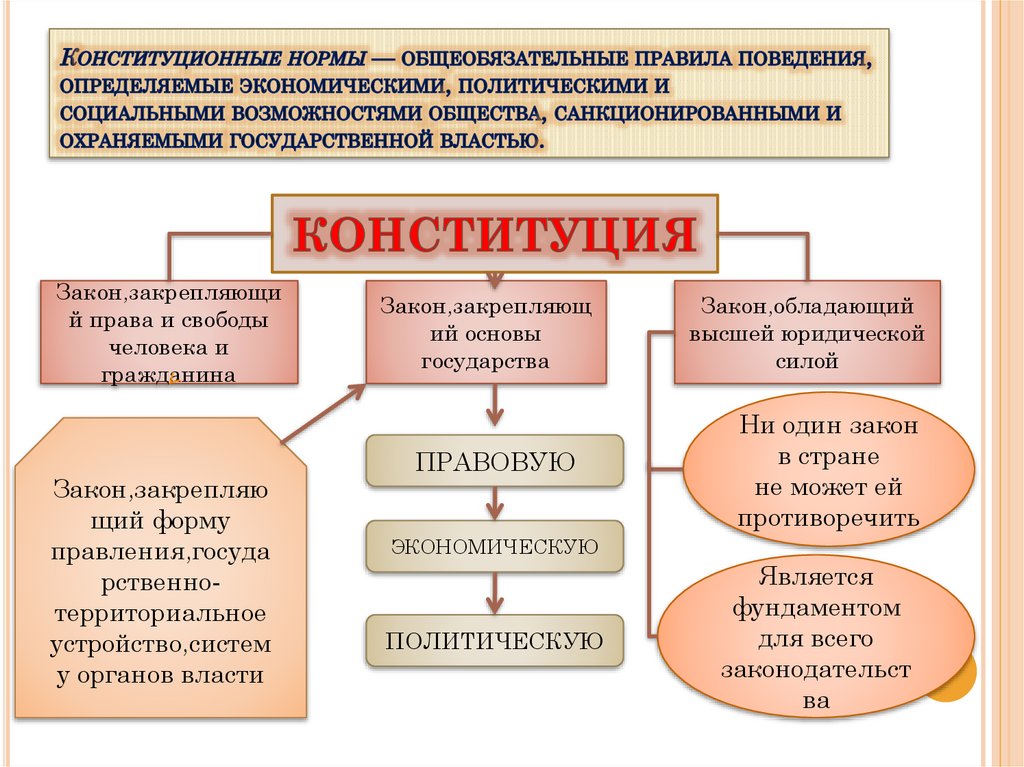 Конституционные нормы — общеобязательные правила поведения, определяемые экономическими, политическими и социальными