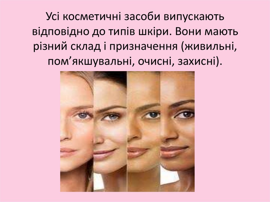 Усі косметичні засоби випускають відповідно до типів шкіри. Вони мають різний склад і призначення (живильні, пом’якшувальні,