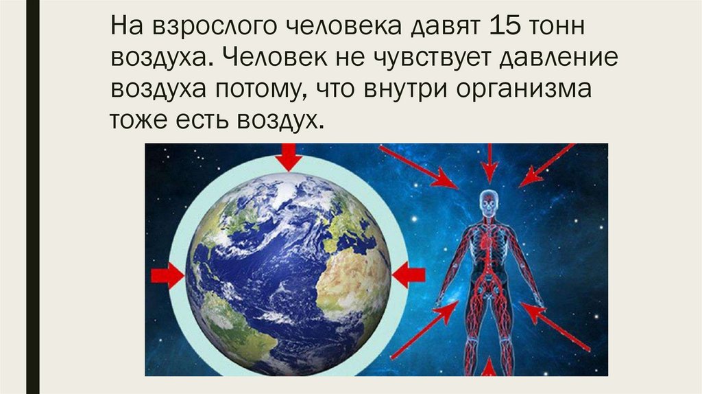 На взрослого человека давят 15 тонн воздуха. Человек не чувствует давление воздуха потому, что внутри организма тоже есть