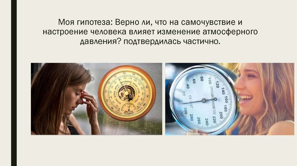 Моя гипотеза: Верно ли, что на самочувствие и настроение человека влияет изменение атмосферного давления? подтвердилась