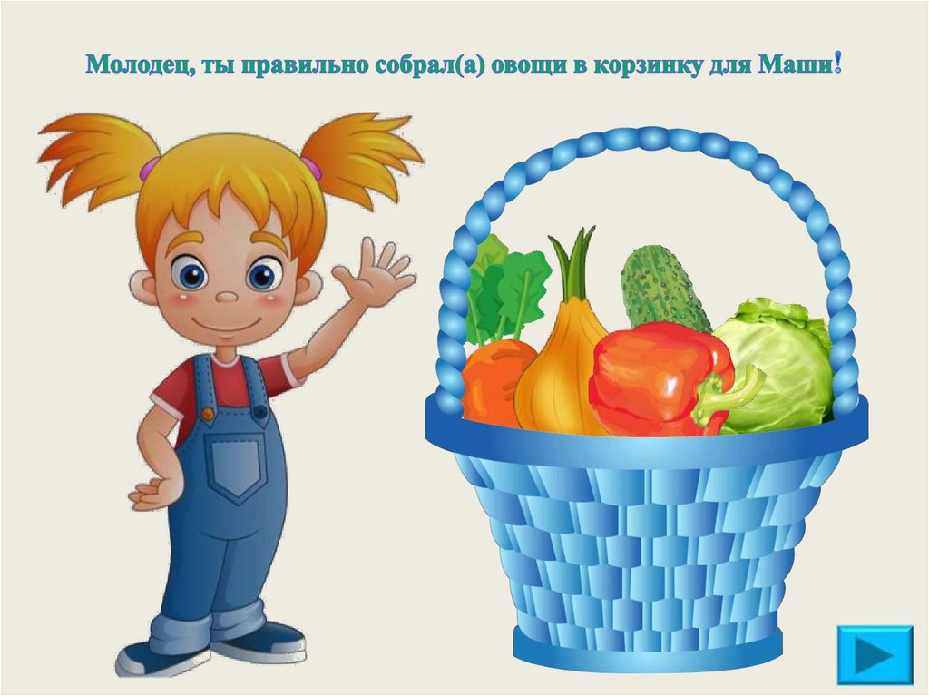Молодец, ты правильно собрал(а) овощи в корзинку для Маши!
