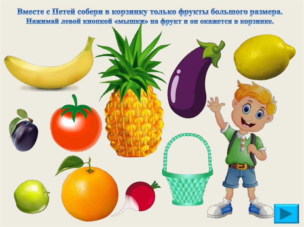 Вместе с Петей собери в корзинку только фрукты большого размера. Нажимай левой кнопкой «мышки» на фрукт и он окажется в