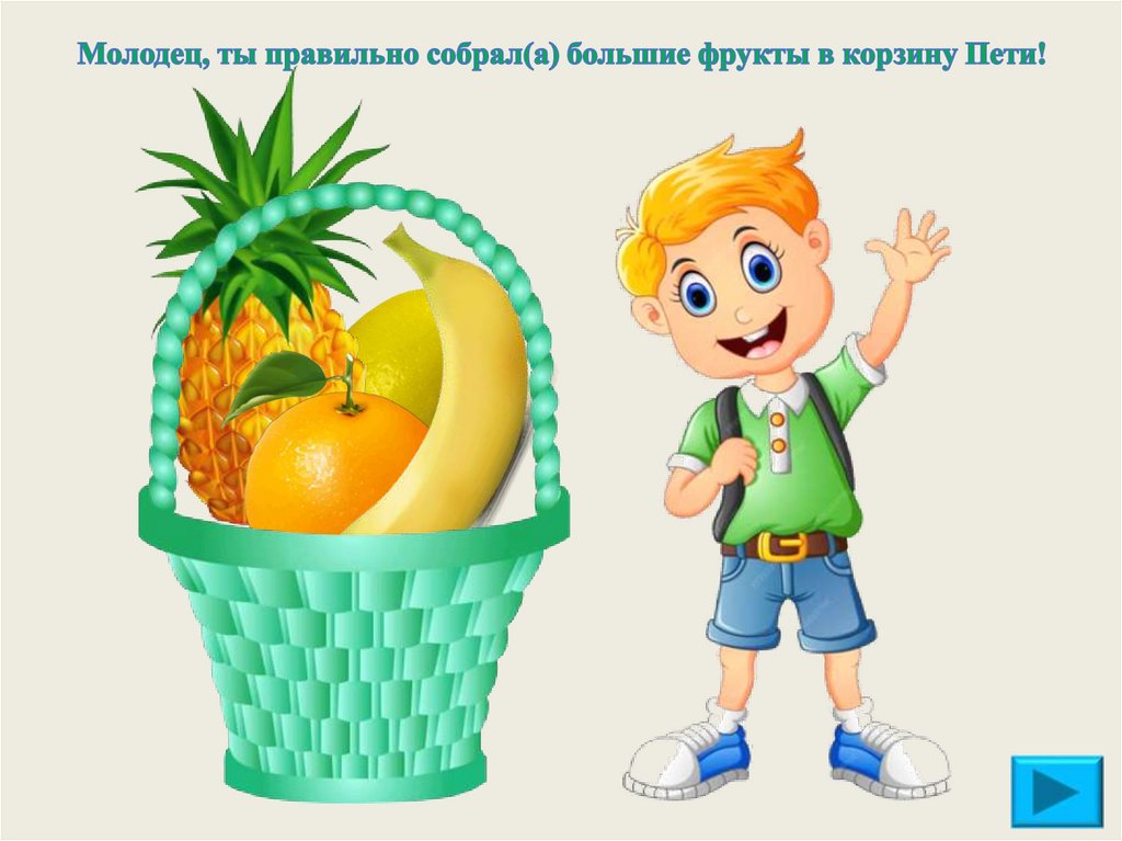 Молодец, ты правильно собрал(а) большие фрукты в корзину Пети!